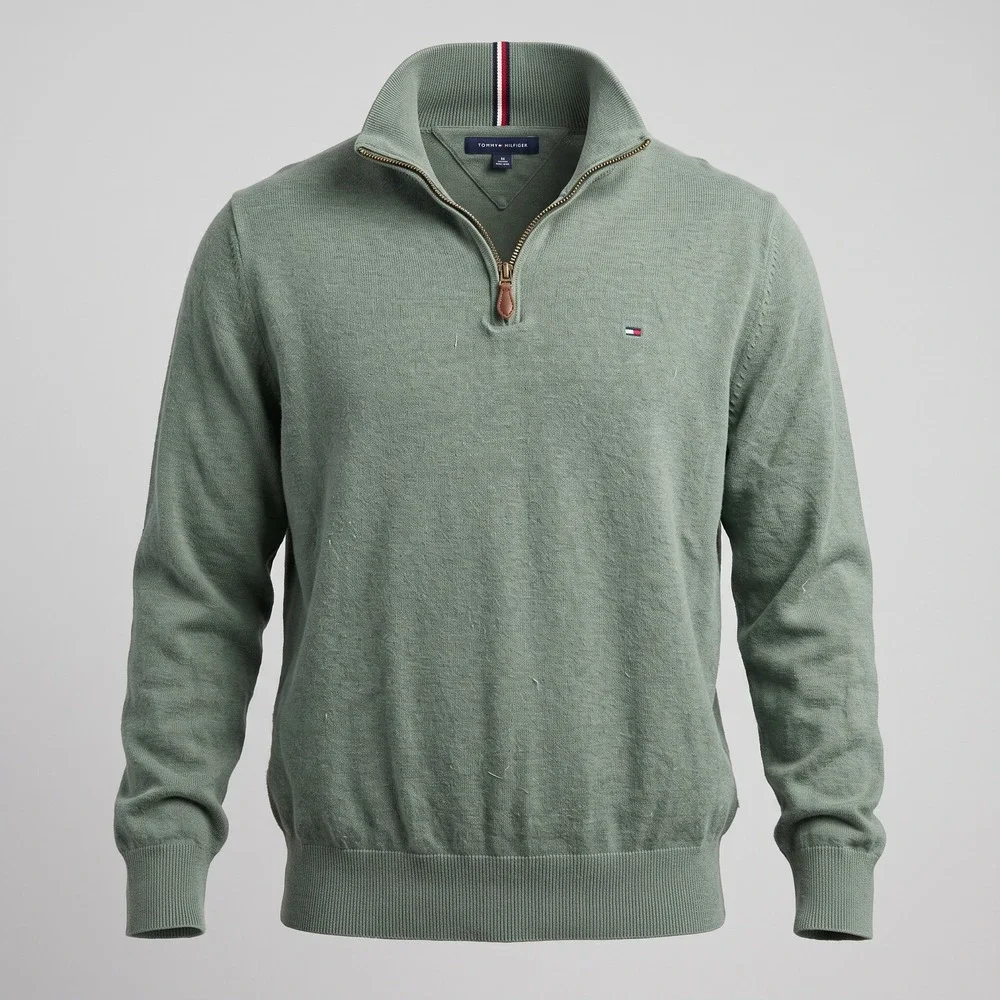 Tommy Hilfiger Mens Large Green Sweater Quarter Zip Pullover Cotton Leather Pull